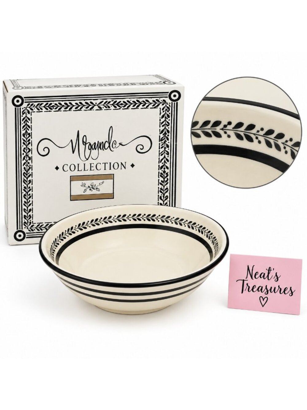 Caffco M Bagwell COLORS Black White Motfil Hand Painted Pottery Serving Bowl NEW